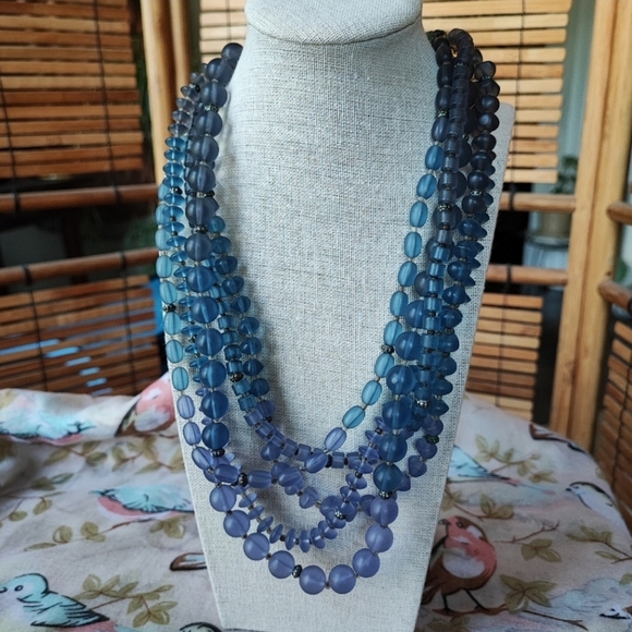 5 Strand Blue Acrylic Bauble Stone Rhinestone & Fabric Beaded Unsigned Necklace - Picture 11 of 12